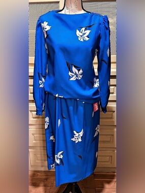 VTG 70s Rrrrruss Blue Floral Matching Blouse & Skirt Set NWT